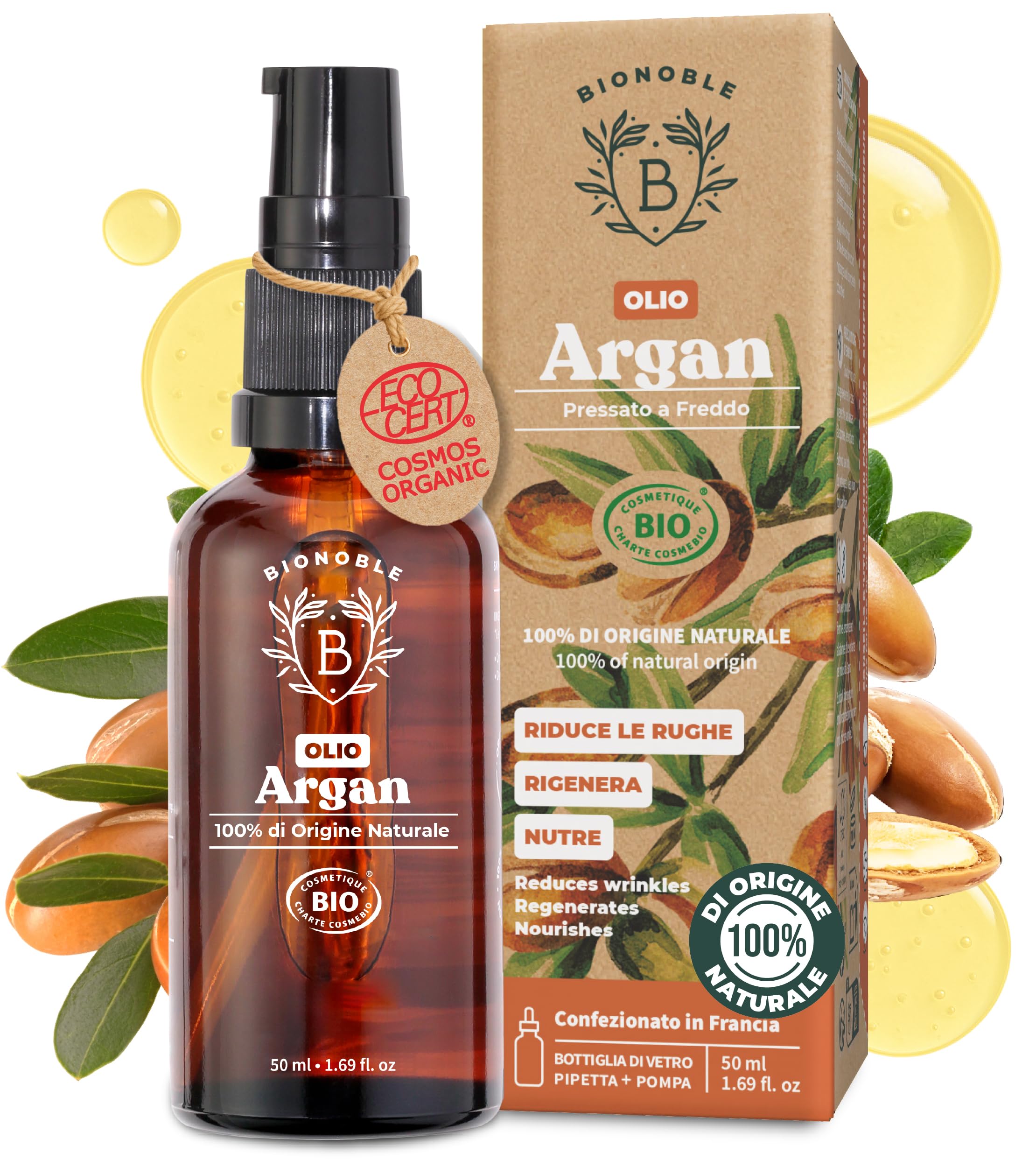 BIONOBLE Argan Oil Purificante, Rafforzante e Antiorride per Capelli Curvi, Volto e Corpo – Vegano – Bottiglia di Vetro 